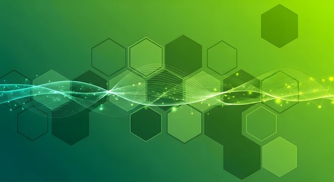 Futuristic abstract green background with hexagonal shapes, glowing wave lines, and digital light particles. Modern technology concept for science, innovation, network, and digital data design. - Powered by Adobe