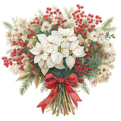 A festive christmas bouquet featuring white poinsettias red berries pine needles and a red ribbon bow perfect for holiday decorations and greetings