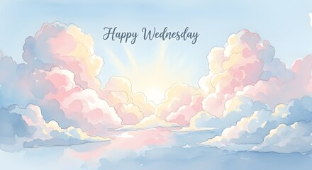 Soft watercolor sky with fluffy clouds and sunshine peeking through, text ‘Happy Wednesday’ in script font, pastel palette