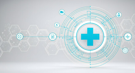 Modern digital healthcare network connecting vital signs and medical data icons