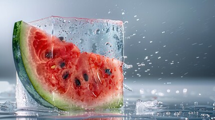 Watermelon slice in ice cube