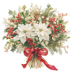A festive christmas bouquet featuring white poinsettias and red berries tied with a satin ribbon perfect for holiday decorations and greetings
