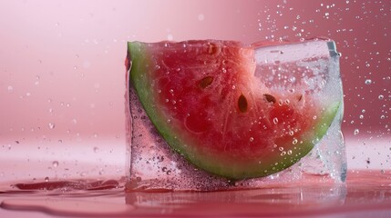 Watermelon slice in ice cube