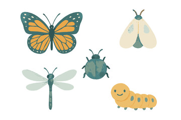 Fototapeta premium Assortment of cute watercolor style insects including monarch butterfly moth beetle dragonfly and smiling caterpillar