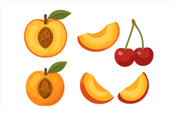 Vibrant assortment of delicious fresh ripe peaches whole and sliced with sweet red cherries and green leaves