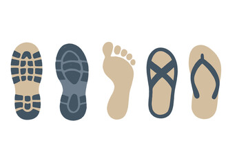 Fototapeta premium Collection of diverse footprints including shoe soles, sandals, and a bare human foot print in a stylized design