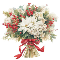 Festive christmas bouquet featuring a white poinsettia and red berries tied with a red ribbon and straw accents perfect for holiday greetings