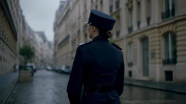 French gendarme woman patrolling a parisian street