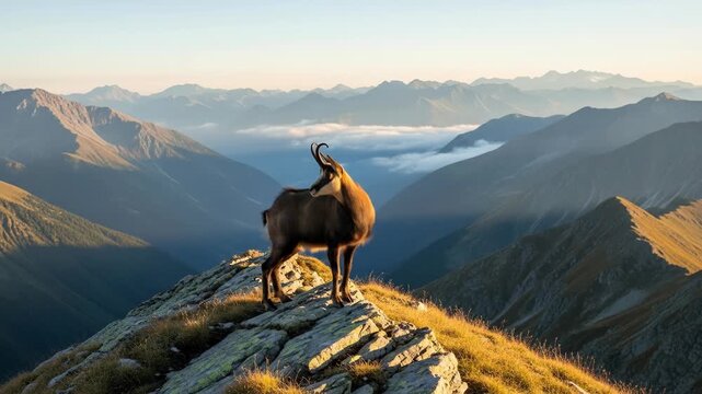 Majestic wild chamois standing on a rocky mountain peak at a beautiful golden sunrise.