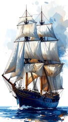 A majestic sailing ship with full sails glides across a calm sea under a bright sky