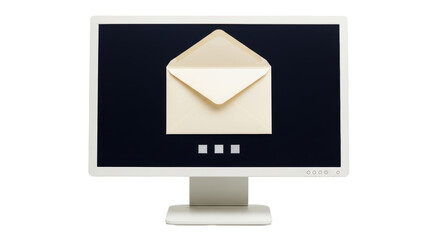 Isolated desktop computer with email icon, letter in envelope on dark screen, no people
