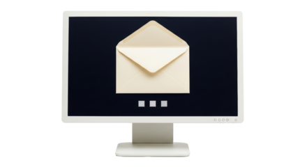Isolated desktop computer with email icon, letter in envelope on dark screen, no people