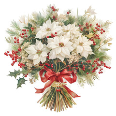 Elegant white poinsettia and berry christmas bouquet with frosted pine needles and a red ribbon bow isolated on white background