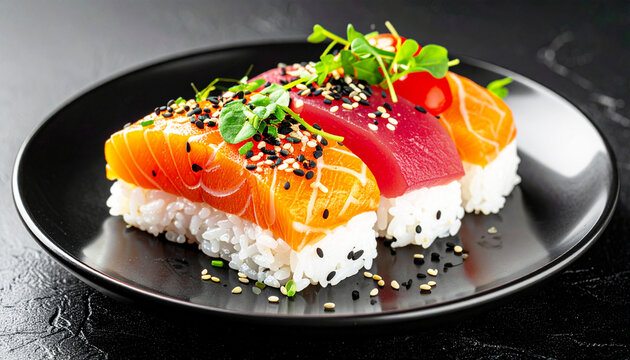 Rice topped with salmon, tuna, tomatoes, and greens. AI