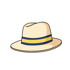 Vector illustration of a beach hat in beige color with a blue ribbon. Summer fashion accessory for holidays, travel, sun protection, and tropical vacation design