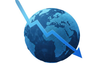 This image shows a globe with a blue arrow pointing downwards, indicating a negative trend in the global economy, finance, or business. It is isolated on white background.