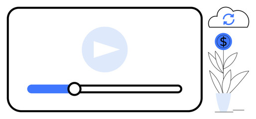 Minimalist video player with progress bar, play button, cloud sync, and monetization icon near plant. Ideal for technology, media, streaming, productivity, digitalization investment entertainment