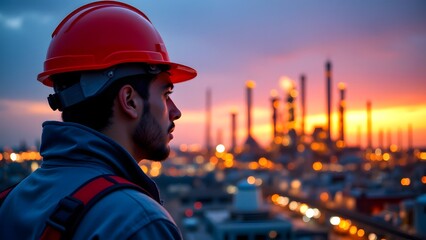 Worker in Safety Helmet Overlooking Industrial Skyline at Sunset