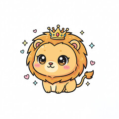 Cute cartoon lion cub with a royal golden crown. Adorable kawaii chibi animal character with sparkling eyes and a majestic mane, isolated on white