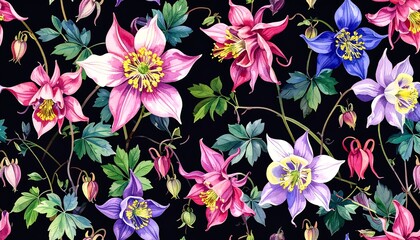 Detailed floral pattern of Aquilegia flowers