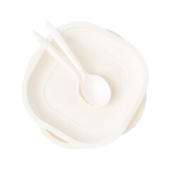Disposable plastic plates and spoons isolated on white, top view