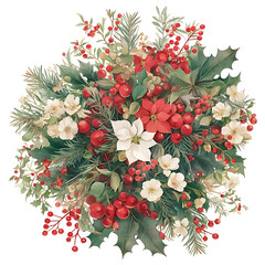 A festive and abundant christmas wreath arrangement featuring lush green holly leaves bright red berries delicate white poinsettias and pine needles for a traditional holiday season