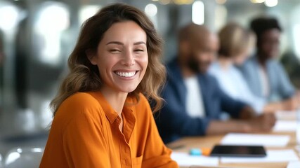 A business team meeting in a modern office with a tablet on the table cheerful faces discussing ideas documents and notebooks scattered bright lighting highlighting teamwork - Powered by Adobe