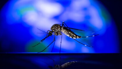 Mosquito against a blue, blurry background, reflected on shiny surface