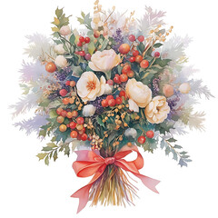 A beautiful watercolor painting of a lush floral arrangement featuring soft pink roses berries and delicate greenery tied with a coral ribbon