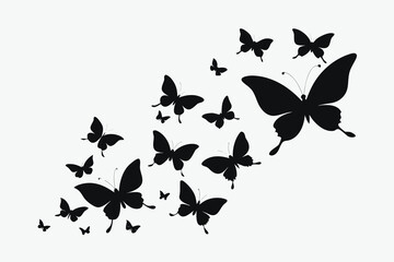 Elegant Swarm of Black Butterfly Silhouettes on White Background Art Illustration Design