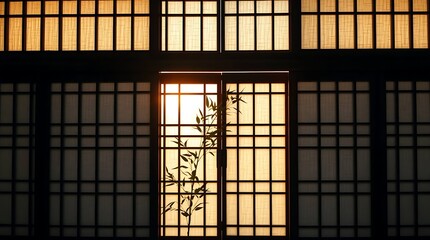 Traditional Korean Hanok Sliding Door with Bamboo Silhouette at Sunrise
