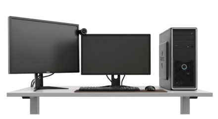 Isolated desktop computer setup with monitors, keyboard and mouse, standing on the table