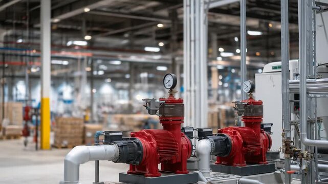 Detailed view of red fire suppression pumps with complex piping, pressure gauges, and safety valves illuminated by bright overhead lighting.