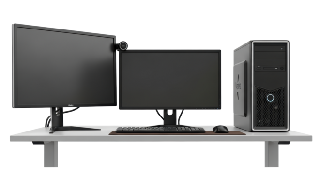 Isolated desktop computer setup with monitors, keyboard and mouse, standing on the table