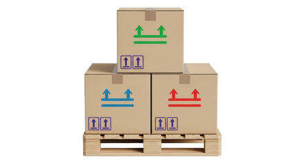 Isolated cardboard boxes on pallet with directional arrows for shipping and logistics services