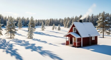 Cozy red cabin in a snowy landscape, smoke rising from chimney