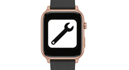 Isolated smartwatch with repair symbol on the screen, device for customization and support
