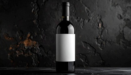 Elegant Bottle of Red Wine with Blank Label in Front of Dark Texture Background