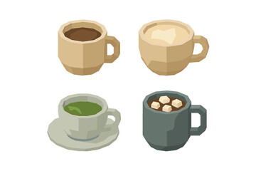 Obraz premium Stylized collection of popular hot beverages like coffee, creamy latte, green matcha tea, and hot chocolate with marshmallows in geometric cups