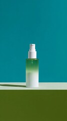 A minimalist composition featuring a gradient-colored spray bottle with a white pump, set against a vibrant teal and olive green background.