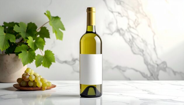 Customizable blank label white wine bottle with fresh green grapes and plant, elegantly set on a bright marble surface, ideal for beverage branding mockups and luxurious product concepts - Powered by Adobe