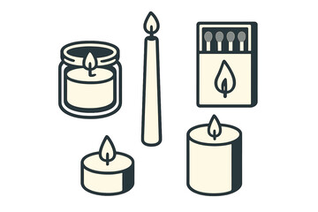 Stylized collection of burning candles in various forms including taper, pillar, jar, and tea light with a matchbox