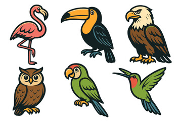 Obraz premium Diverse collection of wild birds including flamingo, toucan, eagle, owl, parrot, and hummingbird