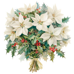 A beautiful and festive bouquet of white poinsettias and holly berries tied with a rustic straw ribbon on a white background