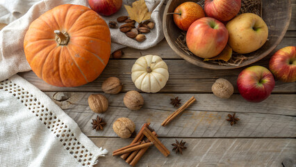 Cozy autumn harvest flat lay, pumpkins, apples, cinnamon sticks and nuts on rustic wooden table, warm natural light, farmhouse atmosphere, top view.