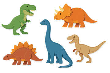 Playful assortment of ancient dinosaurs like T-Rex, Triceratops, Brachiosaurus, Stegosaurus, and Raptor with layered paper effect