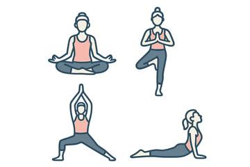 Set of women in various yoga positions for exercise, flexibility, balance, and mindful meditation practice