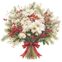 Beautiful festive christmas bouquet featuring white poinsettias red berries and frosted pine branches tied with a red ribbon