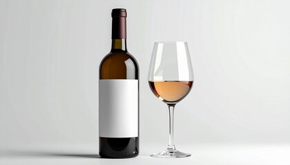 Elegant rosé wine bottle with a blank white label for branding mockups, presented next to a full glass on a clean and minimalist light background