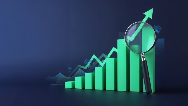Magnifying glass over growing green bar chart